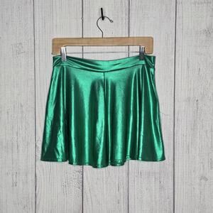 Y2K Metallic Green Skater Skirt Rave Festival Club Kid Mini, Sz Large